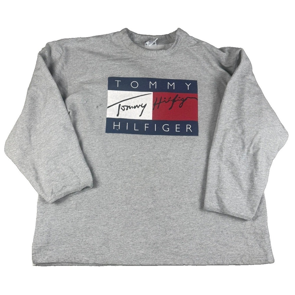 Vintage Tommy Hilfiger Sweatshirt Mens XL USA Flag Logo Gray 90s Distressed